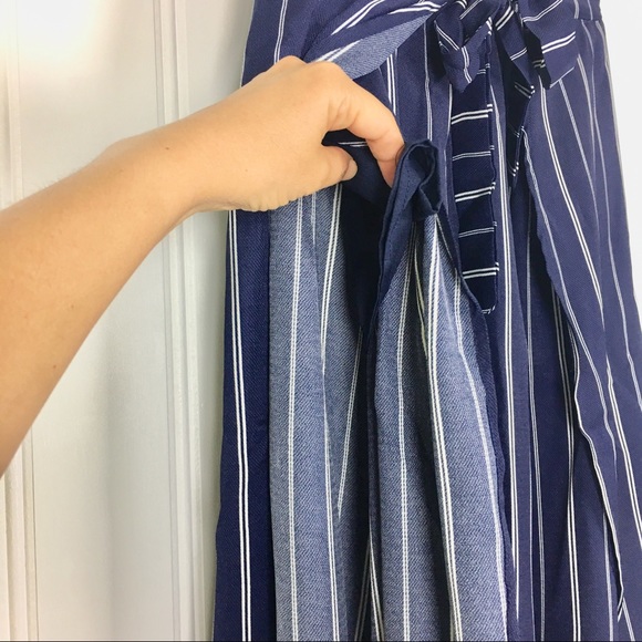 STRIPE PRINT WRAPPED PALAZZO PANTS RIBBON TIE WAIS - Picture 5 of 7